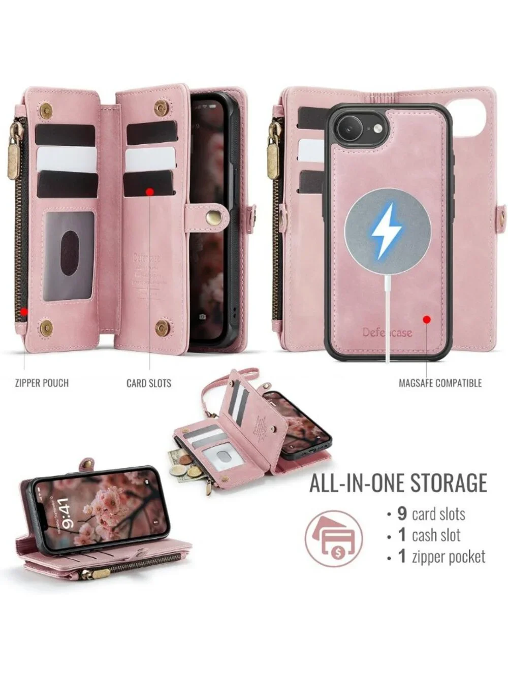 Stylish Rose Pink Wallet Case for iPhone 17e/16e, MagSafe Compatible, Slim